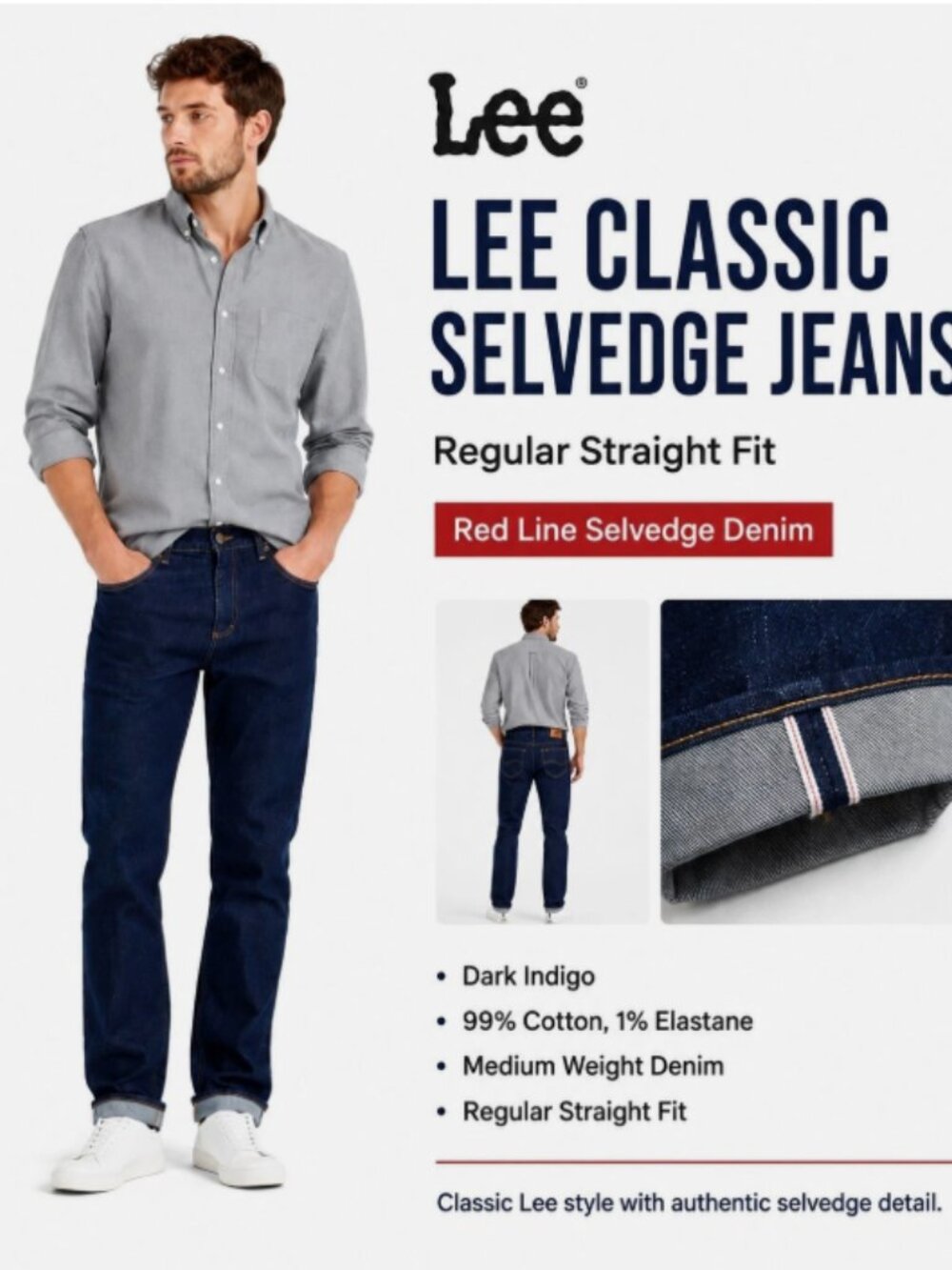 Lee Premium W34 L34 Men's Straight Jeans Selvedge Denim Dark Indigo 11.5 oz New